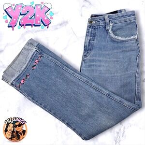 Vtg Floral Jeans Womens 10 Embroidered‎ Frayed Hem Denim 2000s Boho Cottagecore